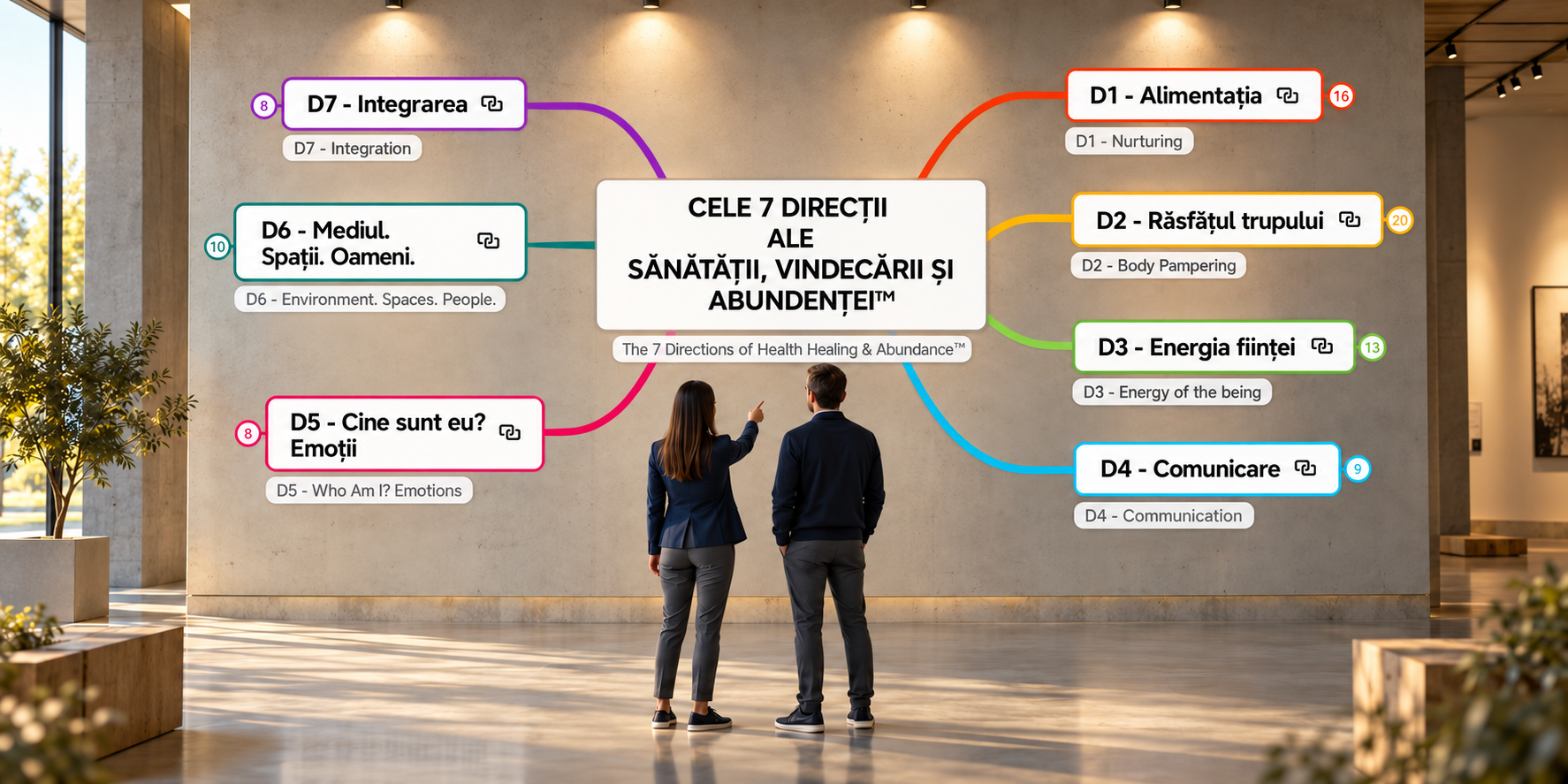 O femeie și un bărbat privind diagrama celor șapte Direcții într-o expoziție luminoasă